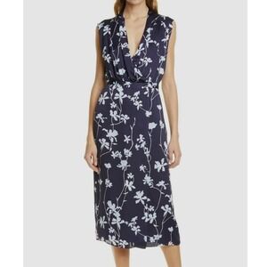 Equipment Femme Floral Midi Dress Size Large Blue Sleeveless V-Neck Faux Wrap